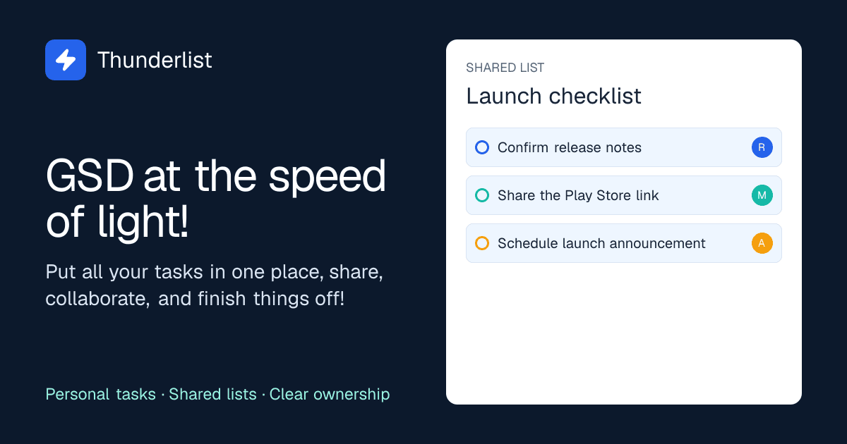 Thunderlist social preview with its bundled logo and an illustrative shared task list