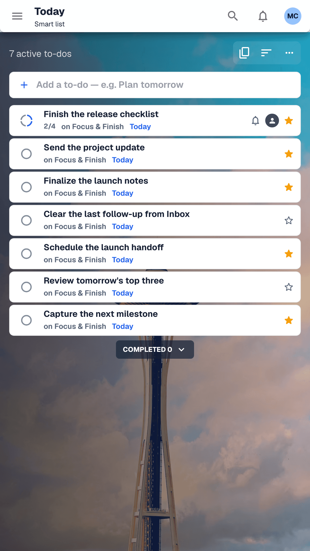 Thunderlist Today view with tasks and completion progress